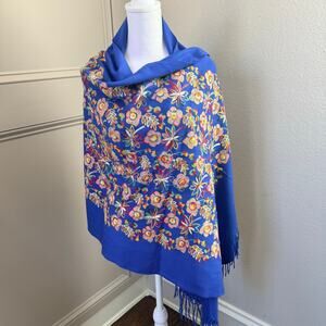 Embroidered Floral Royal Blue Shawl Wrap with Fringe Vibrant Boho Festival